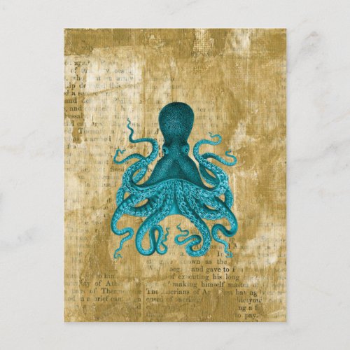 Turquoise Octopus on Golden Grunge Postcard