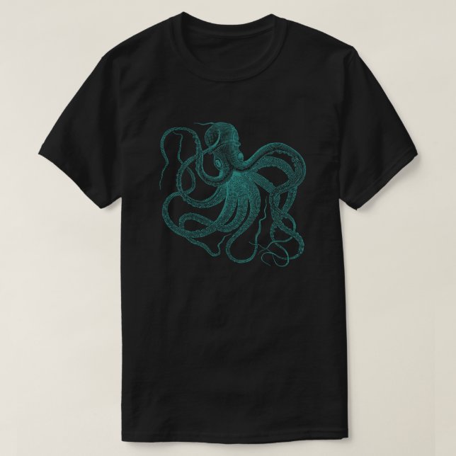 Turquoise Octopus Vintage Illustration T-Shirt (Design Front)
