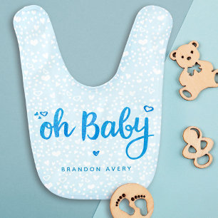 Turquoise Oh Baby Boy Script Hearts Keepsake Name Bib