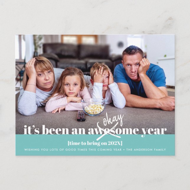 Turquoise Okay New Year Bold Modern Funny Photo Holiday Postcard (Front)