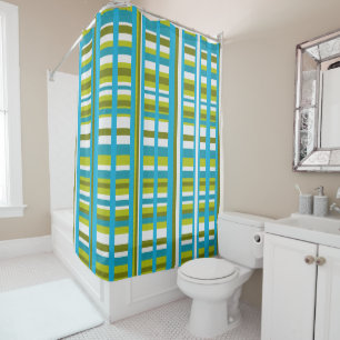 Turquoise, Olive & Lime Green Plaid Shower Curtain