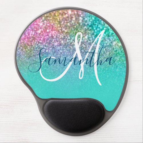 Turquoise Ombre Colorful Mermaid Glitter Monogram Gel Mouse Pad