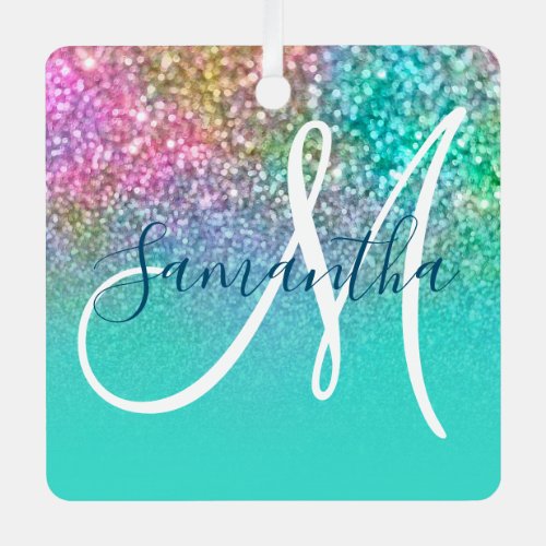 Turquoise Ombre Colorful Mermaid Glitter Monogram Metal Ornament