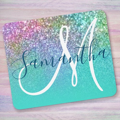 Turquoise Ombre Colorful Mermaid Glitter Monogram Mouse Pad
