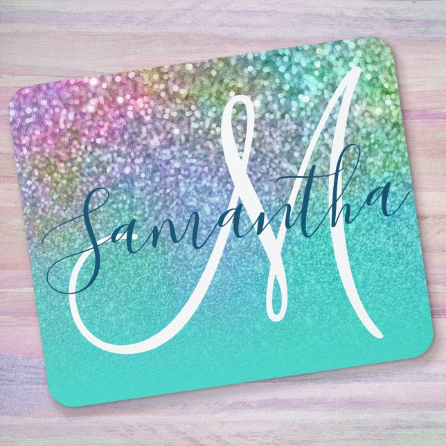 Turquoise Ombre Colorful Mermaid Glitter Monogram Mouse Pad (Creator Uploaded)