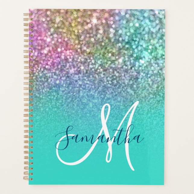 Turquoise Ombre Colorful Mermaid Glitter Monogram Planner (Front)