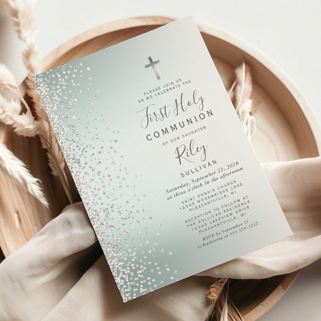 Turquoise Ombre Confetti First Holy Communion Invitation (Creator Uploaded)
