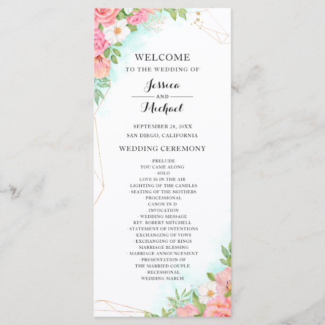 Turquoise Ombre Floral Bouquet Pink Rose Wedding Program (Front)