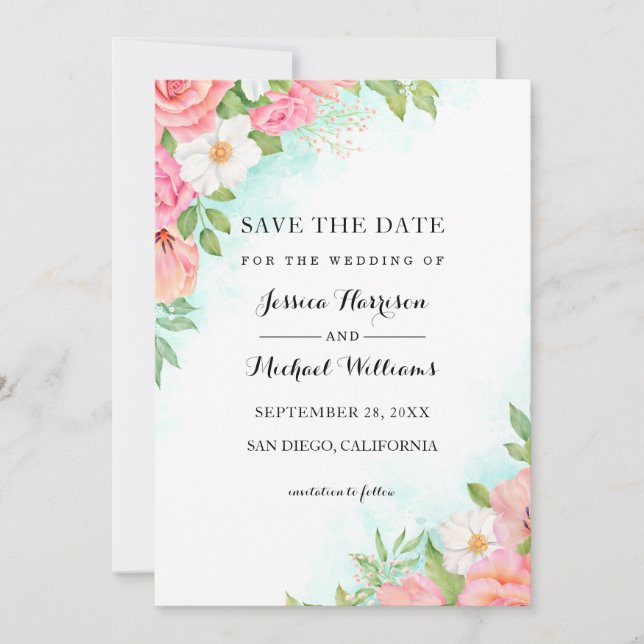 Turquoise Ombre Floral Bouquet Rose Wedding Save The Date (Front)