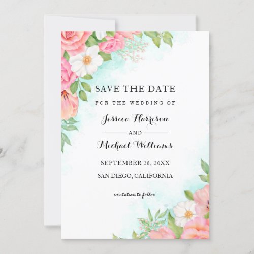 Turquoise Ombre Floral Bouquet Rose Wedding Save The Date