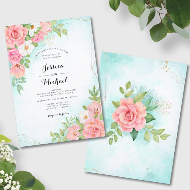 Turquoise Ombre Floral Frame Watercolor Wedding Invitation (Creator Uploaded)