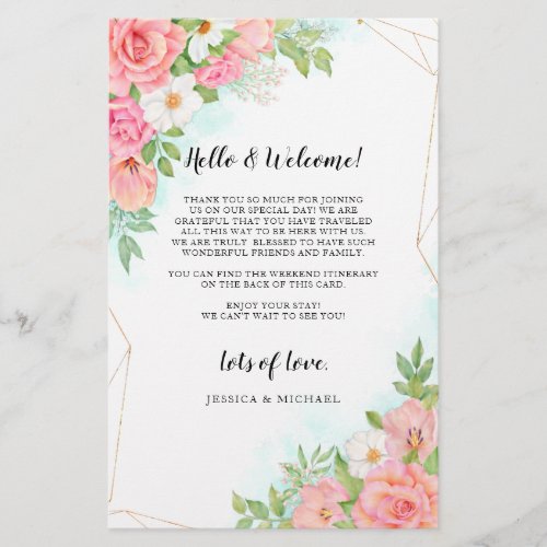 Turquoise Ombre Floral Wedding Welcome Itinerary