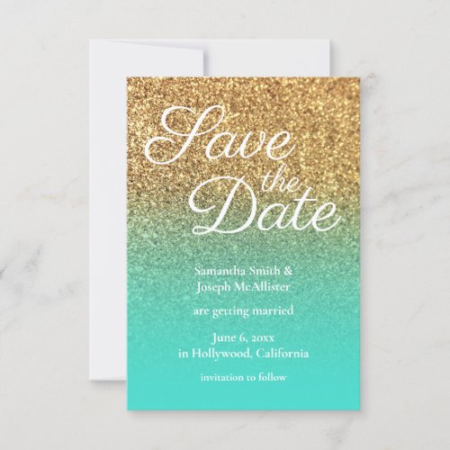 Turquoise Ombre Gold Glitter Photo Save the Date Invitation