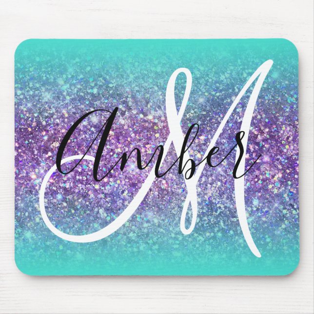 Turquoise Ombre Purple Glam Glitter Monogram Mouse Pad (Front)