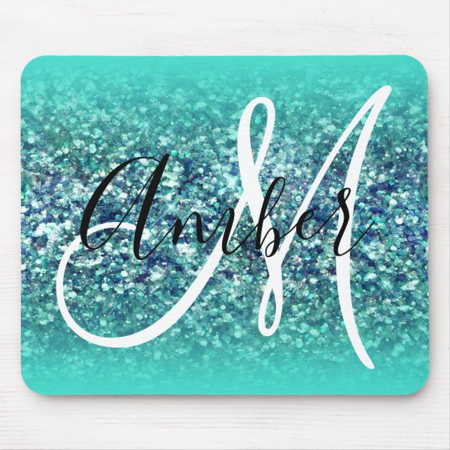 Turquoise Ombre Teal Blue Glam Glitter Monogram Mouse Pad (Front)