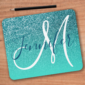 Turquoise Ombre Teal Faux Glitter Monogram Mouse Pad