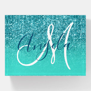 Turquoise Ombre Teal Faux Glitter Monogram Paperweight