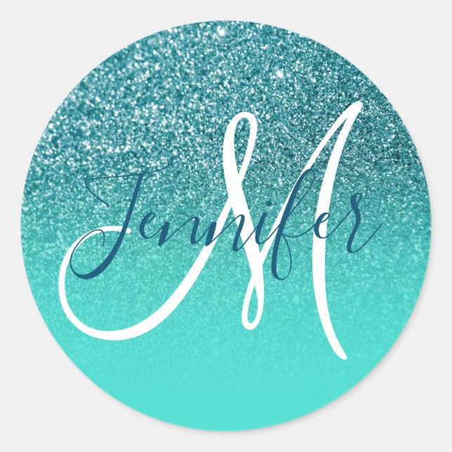 Turquoise Ombre Teal Faux Glitter Monogrammed Classic Round Sticker (Front)