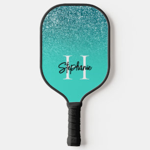 Turquoise Ombre Teal Glitter Monogram Pickleball Paddle