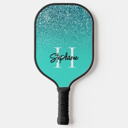 Turquoise Ombre Teal Glitter Monogram Pickleball Paddle