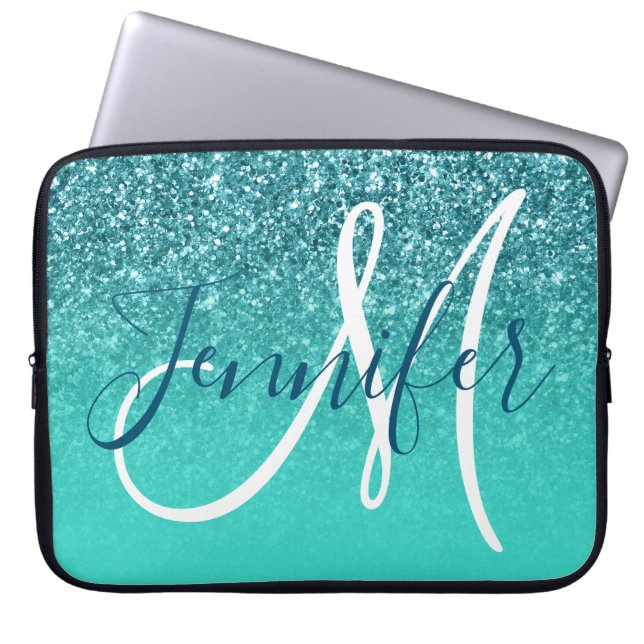 Turquoise Ombre Teal Glitter Personalized Monogram Laptop Sleeve (Front)