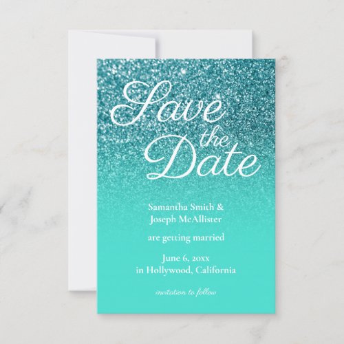 Turquoise Ombre Teal Glitter Save the Date Invitation