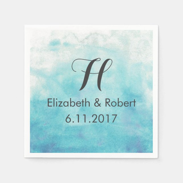 Turquoise Ombre Watercolor Wedding Paper Napkins (Front)
