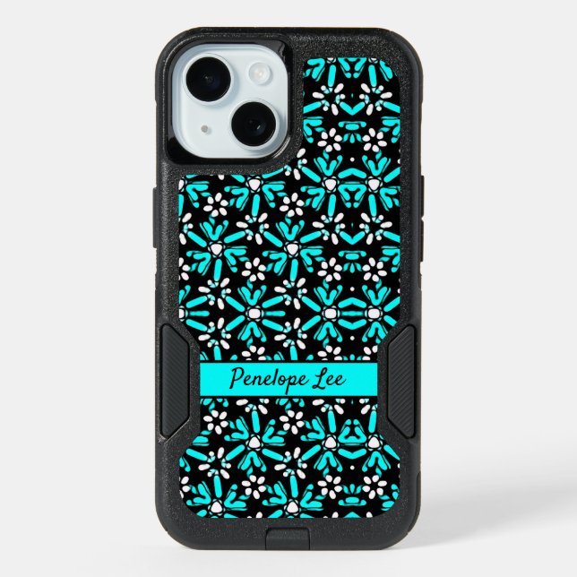 Turquoise on Black Batik Flowers with Your Name iPhone 15 Case (Back)