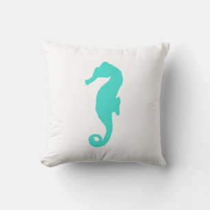 Turquoise On White Coastal Decor Seahorse Throw Pillow