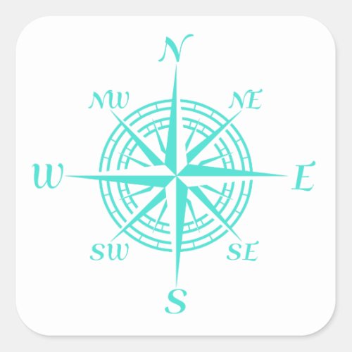 Turquoise On White Compass Rose Square Sticker