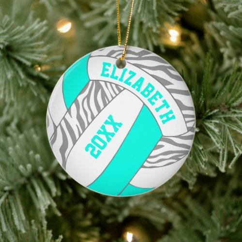 turquoise or ANY COLOR w gray zebra volleyball Ceramic Ornament