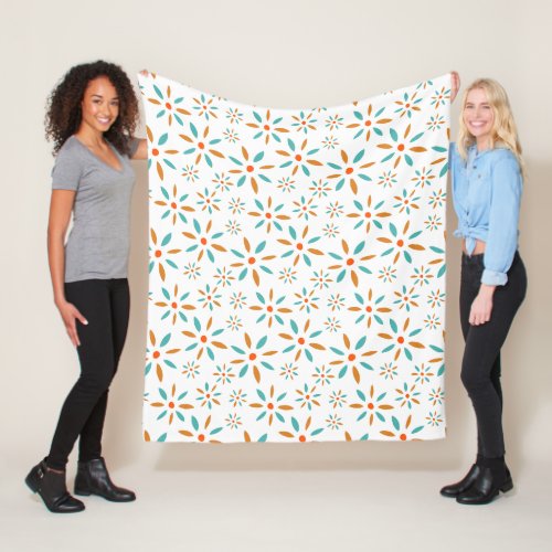 Turquoise Orange Abstract Flowers Pattern Mid Mod Fleece Blanket