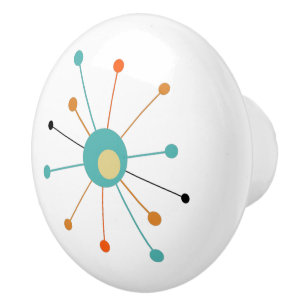 Turquoise Orange Atomic Starburst Mid Century Ceramic Knob