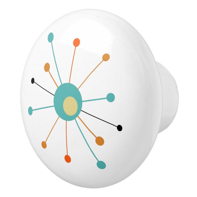 Turquoise Orange Atomic Starburst Mid Century Ceramic Knob (Right)