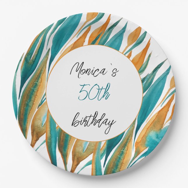 Turquoise Orange Beautiful Watercolor Personalized Paper Plates (Front)