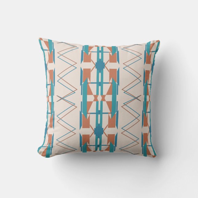 Turquoise Orange Beige Southwest Art Look Mosaic Throw Pillow (Front)