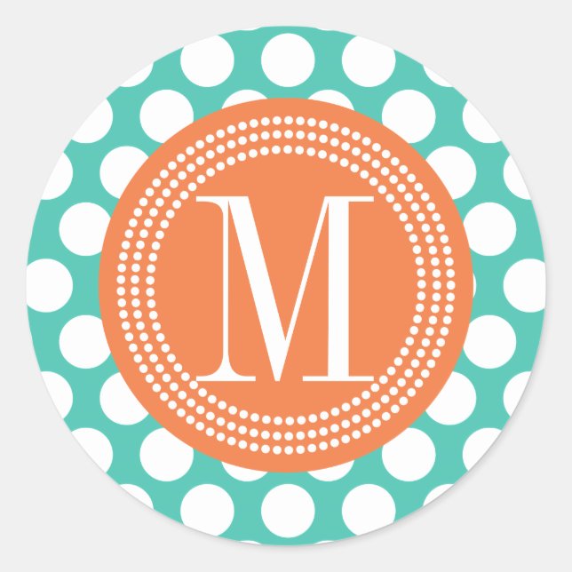 Turquoise & Orange | Big Polka Dots Monogrammed Classic Round Sticker (Front)