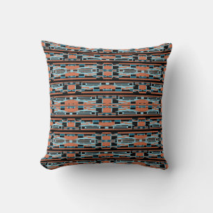 Turquoise Orange Black Mediterranean Thin Rows Throw Pillow