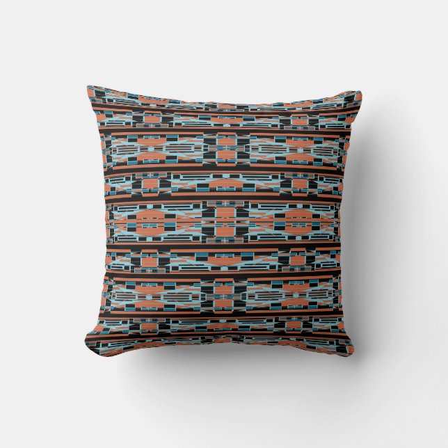 Turquoise Orange Black Mediterranean Thin Rows Throw Pillow (Front)