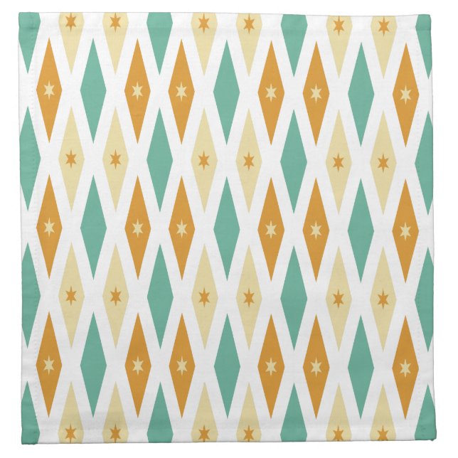 Turquoise Orange Cream Diamonds Stars Mid Century Cloth Napkin (Front)