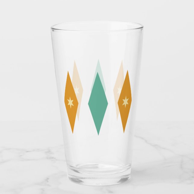 Turquoise Orange Cream Stars & Diamonds Midcentury Glass (Front)