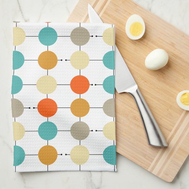 Turquoise Orange Cream Tan Circles On Black Lines Kitchen Towel (Quarter Fold)