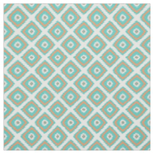 Turquoise Orange Diamond Squares Ikat Pattern Fabric