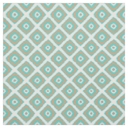 Turquoise Orange Diamond Squares Ikat Pattern Fabric