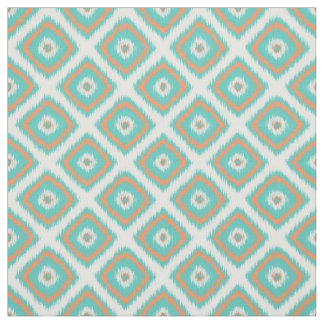 Turquoise Orange Diamond Squares Ikat Pattern Fabric