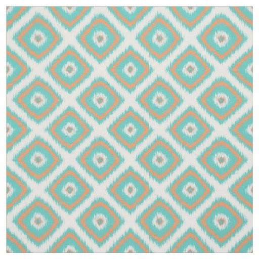 Turquoise Orange Diamond Squares Ikat Pattern Fabric