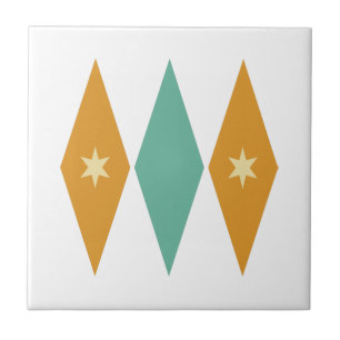Turquoise Orange Diamonds Cream Stars Mid Century Ceramic Tile