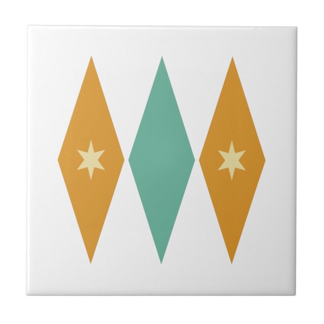 Turquoise Orange Diamonds Cream Stars Mid Century Ceramic Tile (Front)