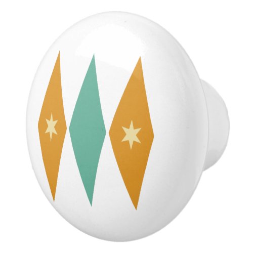 Turquoise Orange Diamonds Cream Stars Mid Mod Ceramic Knob