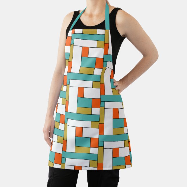 Turquoise Orange Gold Color Blocks Mid-century Apron (Insitu)